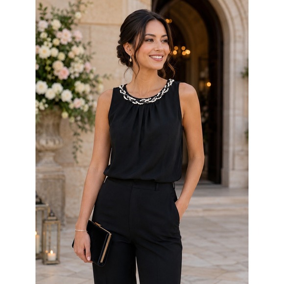 White House Black Market Tops - White House Black Market Black‎ Pearl Chain Halter Neck Tie Back Top Small